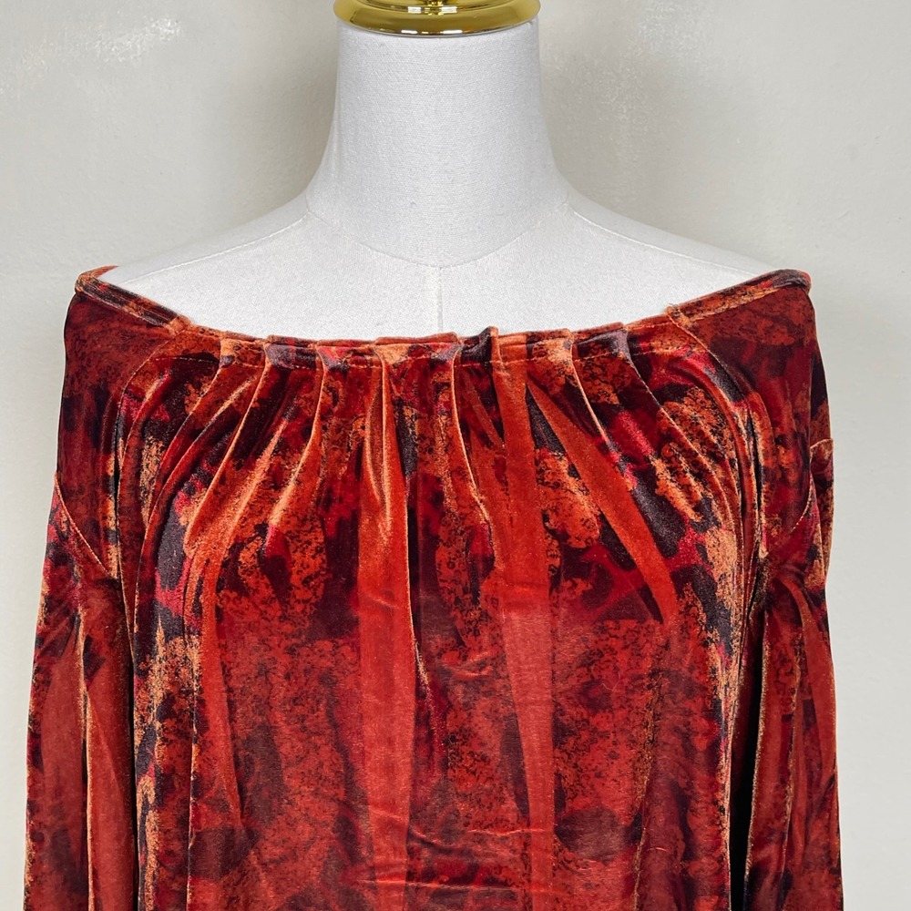 B.L.E.U. Velvet Burnout Tunic Top Women M Red Damask Off Shoulder Y2K Whimsigoth - Picture 2 of 9